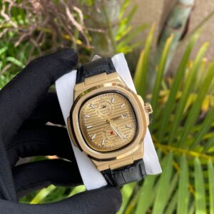 Gold Chronograph Watch with Black Leather