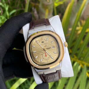 Gold Chronograph Watch with Brown Leather